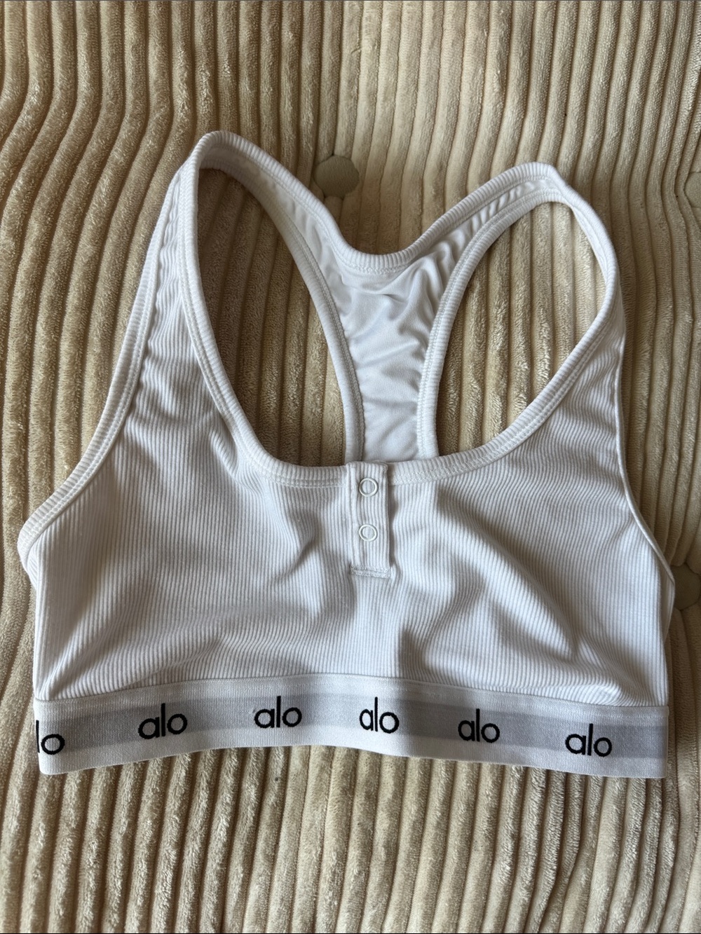 ALO Yoga White Ribbed Racerback Logo Sports Bra
